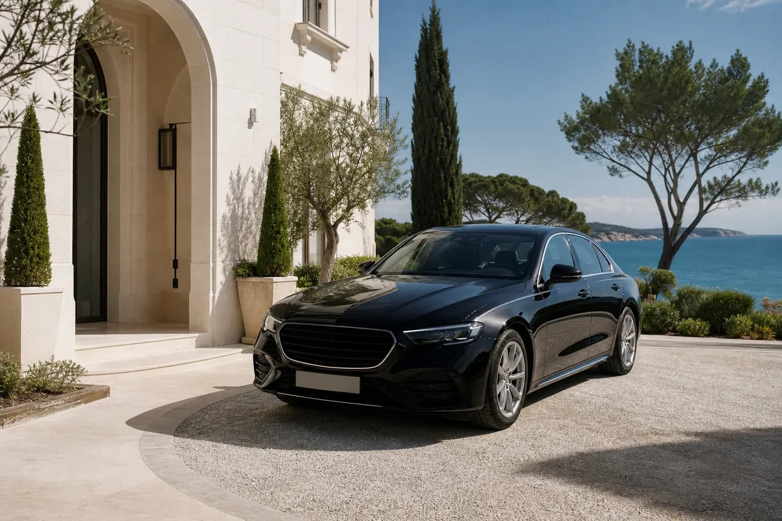 Black chauffeur sedan at a Riviera hotel entrance